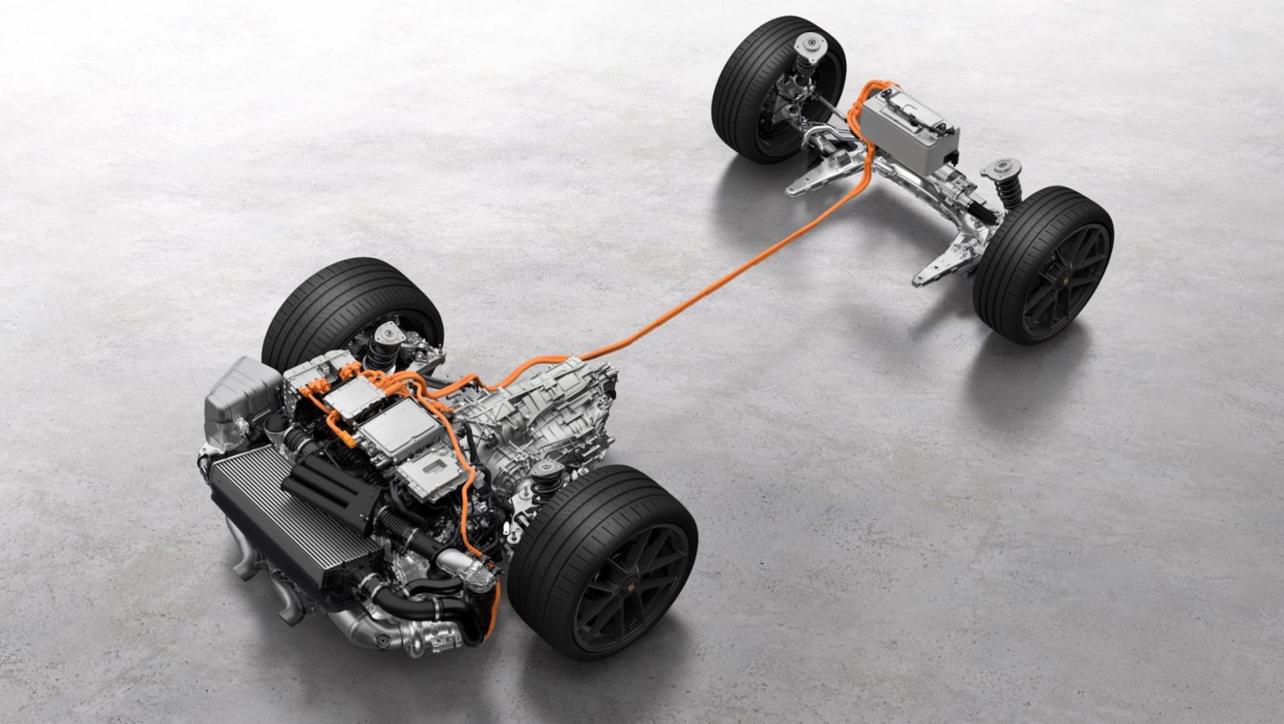 Hệ truyền động T-Hybrid bao gồm pin cao áp 400V ở trục trước (phải) và cụm động cơ, hộp số, pin 12V ở trục sau (trái). Ảnh: Porsche