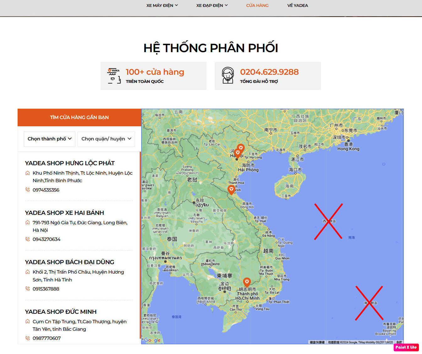 Giao diện bản đồ của Yadea Việt Nam hiển thị tên hai quần đảo Hoàng Sa, Trường Sa theo tiếng Trung Quốc (dấu X). Ảnh: Chụp màn hình sáng 19/5